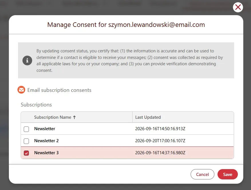 Manage Consent modal headed "Manage Consent for szymon.lewandowski@email.com", listing three email subscriptions – Newsletter, Newsletter 2 and Newsletter 3 – each with a checkbox and its own Last Updated timestamp