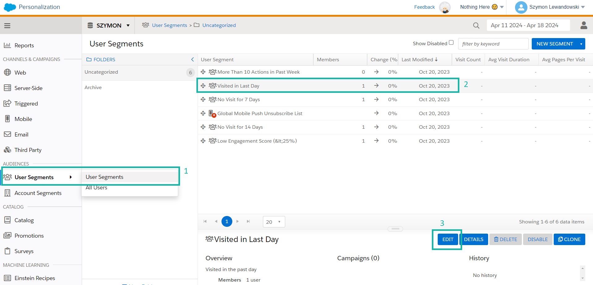 Choose segment to export in Personalization